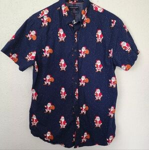 Denim & Flower Button Down Collared Shirt Christmas Santa All Over Print Mens M